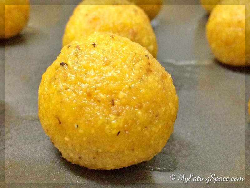 A delectable and irresistible dessert from India made with chickpea flour,Motichoor laddu, chickpea truffles from myeatingspace.com