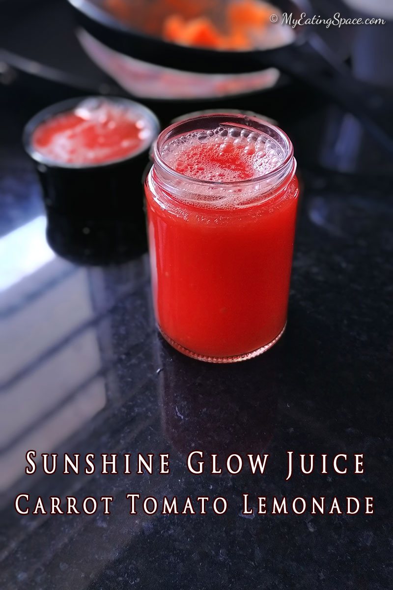 Sunshine glow juice , made with vitamin C rich carrot, lemon and antioxidant rich tomatoes. The juice will make your skin healthy.