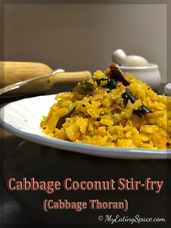 Cabbage Thoran, a colorful and simple to make stir-fry. A single cabbage will make the stir-fry for a large group. A delicious and nutritious dry side dish that tastes great when paired with spicy Kerala style fish curry. The best option for thoran in Onam sadya.