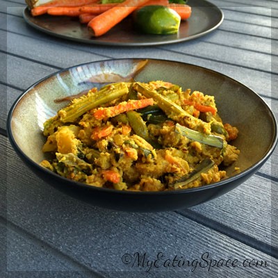 Avial (aviyal) is the real star among the curries served in Sadya. The beauty and simplicity of the dish is that you can make it with almost any vegetables you have on-hand. Avial with yogurt is the simple,hassle-free dish to make. Pairing veggies with coconut, curry leaves and raw coconut oil with yogurt is irresistible.
