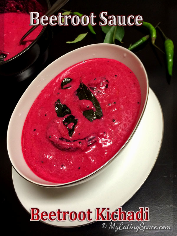 Beetroot Kichadi is a deep colored sauce made with cooked beetroot, coconut and yogurt. They make a rich package of all the vital nutrients and minerals with probiotic benefits. They can also be used as a dip with a slight tangy taste. The color of the sauce will become richer on sitting, like a magic.