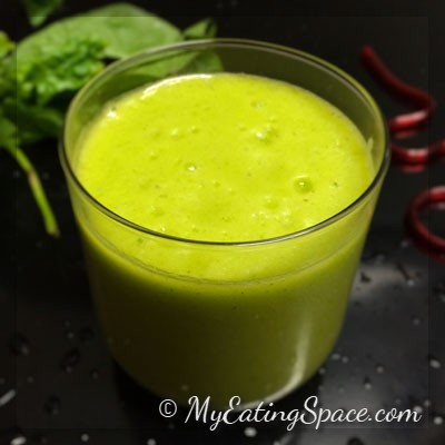 A healthy mix of pineapple and spinach makes a delicious frothy smoothie for your breakfast. The vibrant colored smoothie with very few ingredients will definitely make you feel better.