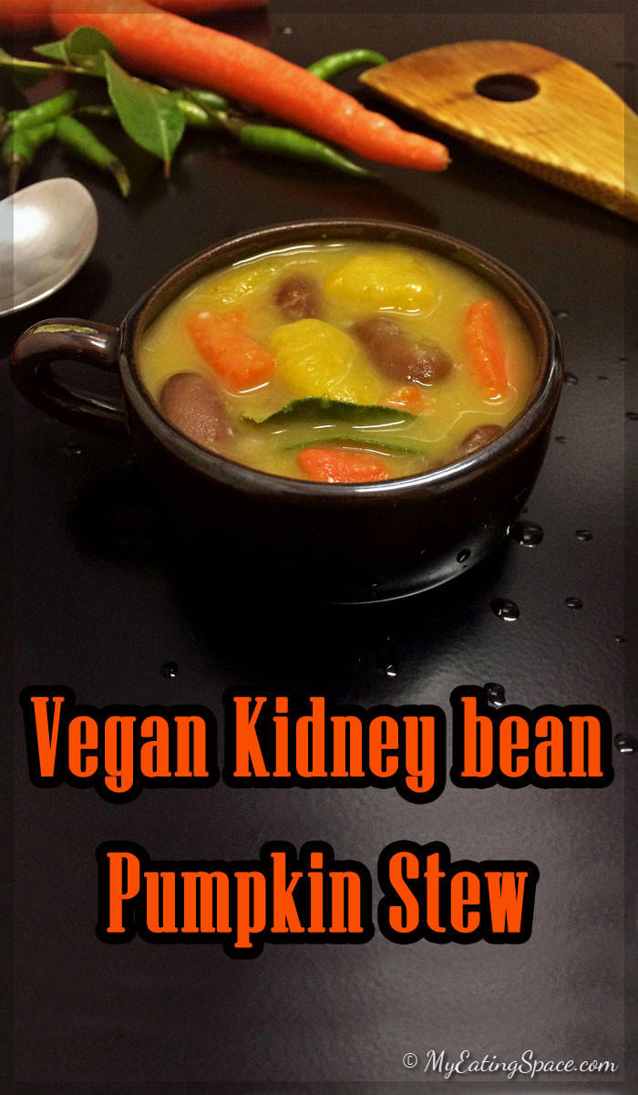 Vegan Kidney bean Pumpkin stew is a comfort food you can enjoy during the falls and winter. The dish is purely vegan and gluten-free. They also make a protein rich curry dish with rice. more healthy recipes at myeatingspace.com