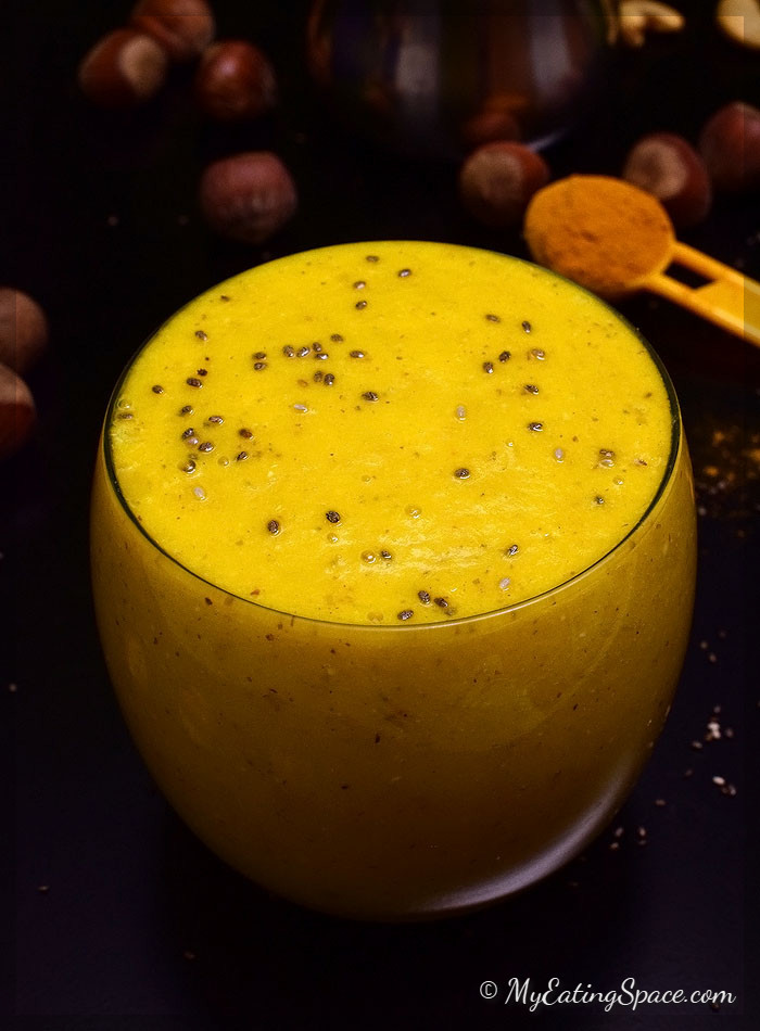 Turmeric Anti-inflammatory drink made with fruits and hazelnut. This medicinal drink is yummy and can be enjoyed more like a smoothie. Get more healthy recipes at myeatingspace.com