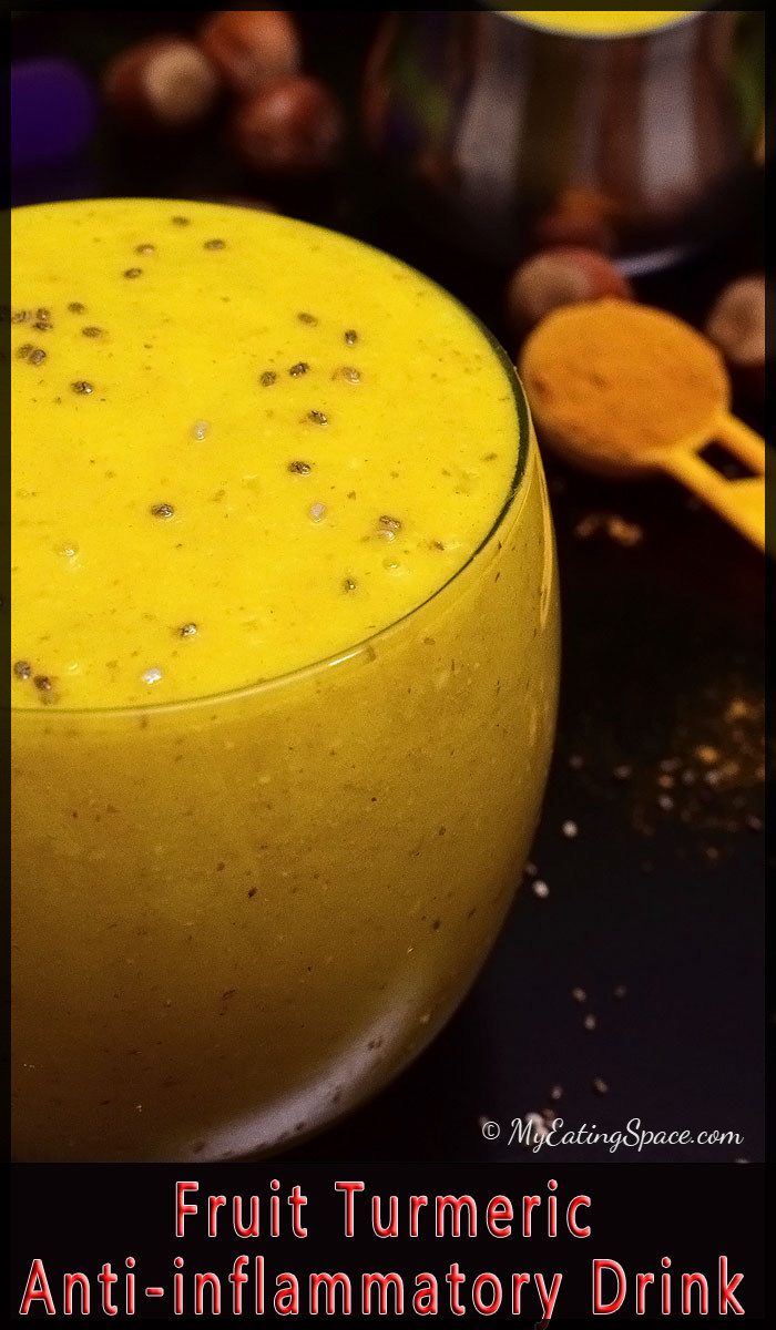 Turmeric Anti-inflammatory drink made with fruits and hazelnut. This medicinal drink is yummy and can be enjoyed more like a smoothie. Get more healthy recipes at myeatingspace.com