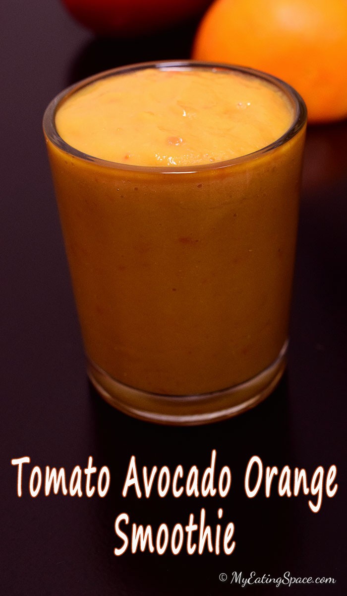 Creamy vegan Avocado smoothie made with tomatoes and oranges. Swap your daily breakfast with this healthy and colorful smoothie. This makes a rich and delicious dessert as well. More recipes at myeatingspace.com