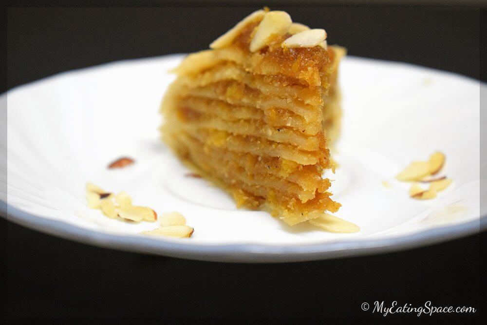 Vegan Crepe Cake- made without eggs, butter or milk. This no-bake cake also called pancake is a treat in itself that can be made in 30 minutes. Each crepes are separated by sweet coconut-plantain filling. More recipes at myeatingspace.com