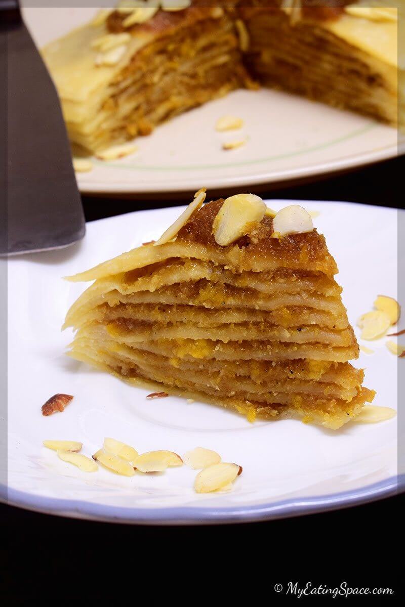 Vegan Crepe Cake- made without eggs, butter or milk. This no-bake cake also called pancake is a treat in itself that can be made in 30 minutes. Each crepes are separated by sweet coconut-plantain filling. More recipes at myeatingspace.com