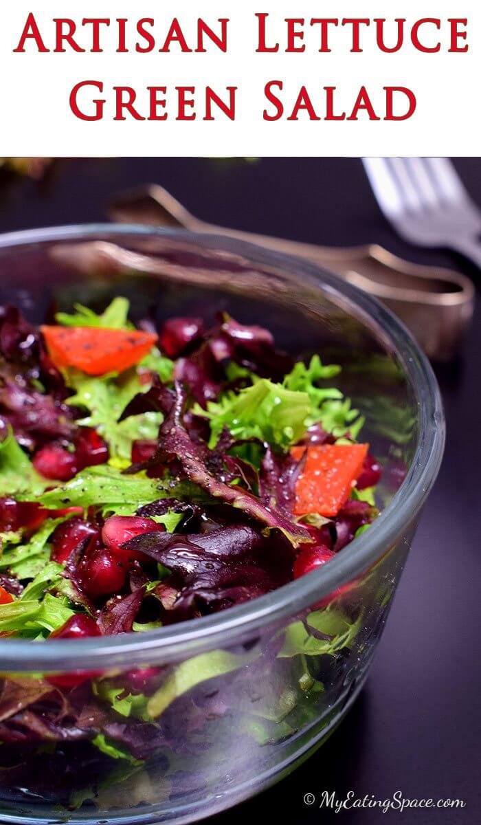 Artisan lettuce salad makes a unique spring flavor. Four types of lettuce with unique taste mixed with tomato and pomegranate makes an excellent spring salad. More recipes at myeatingspace.com