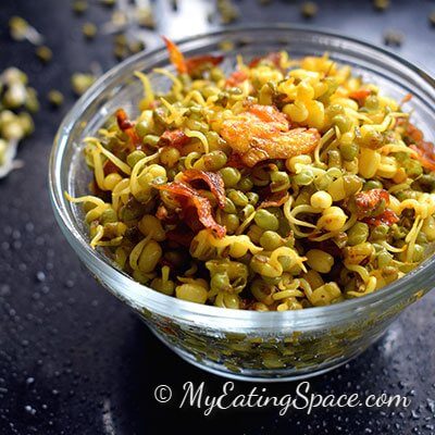 Sprouts salad made with mung beans (green gram) in Indian style makes a satisfying and comfortable protein food. Flavored with spices make it unique tasting. More healthy recipes at myeatingspace.com