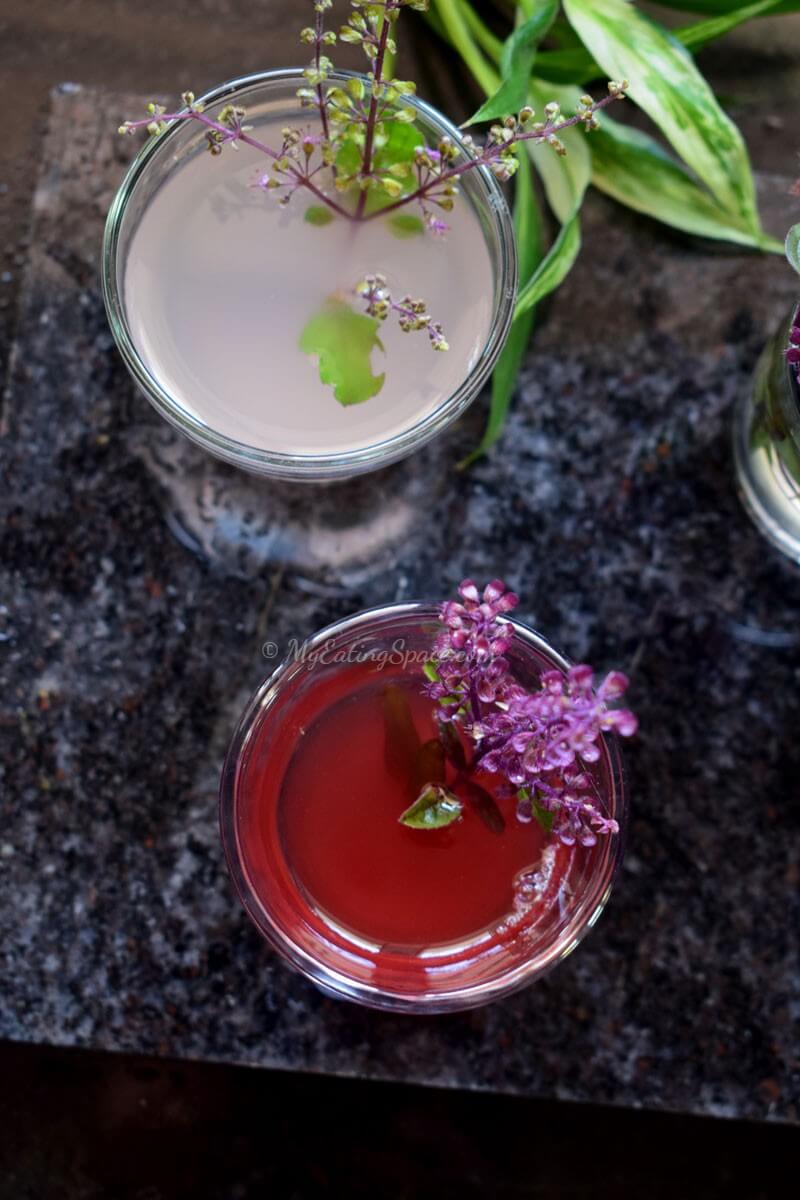 Herbal wine with Holy basil leaves and flowers.