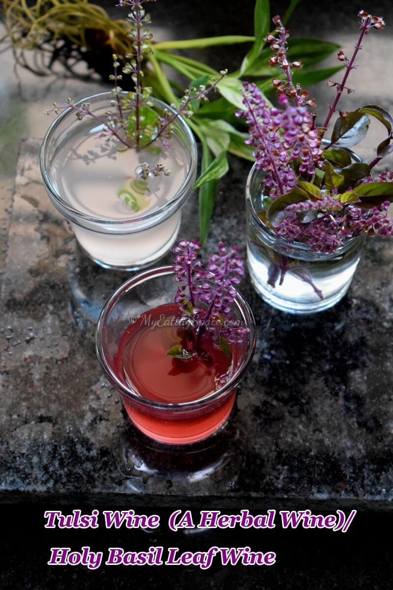 Herbal wine with Holy basil leaves and flowers.