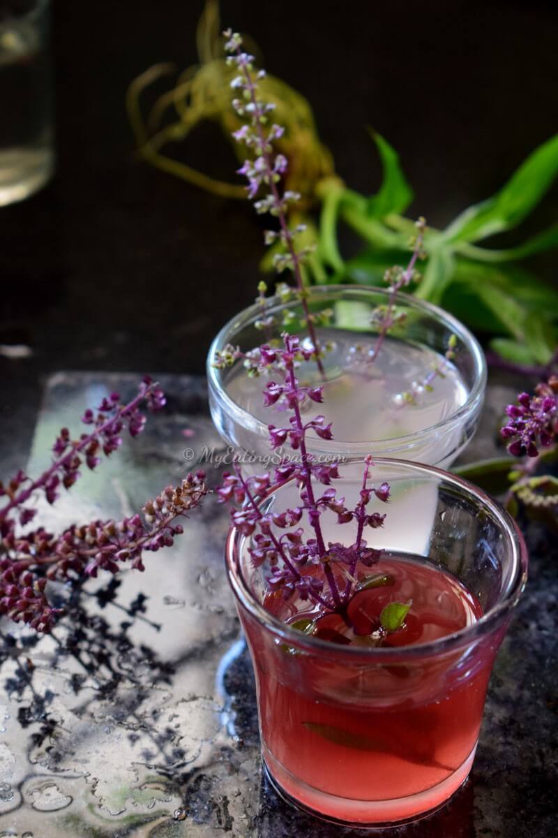 Herbal wine with Holy basil leaves and flowers.