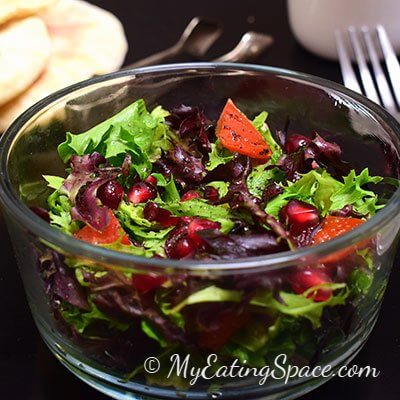 Artisan lettuce salad makes a unique spring flavor. Four types of greens with unique taste mixed with tomato and pomegranate makes an excellent spring salad. More recipes at myeatingspace.com
